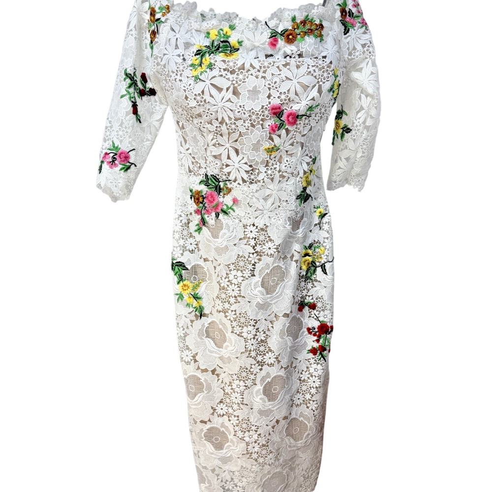 Monique Lhuillier Collection Guipure Lace Midi Dress Embroidered Womens Sz 14